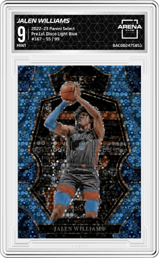Jalen Williams from the 2022-23 Panini Select set featuring a Disco Light Blue parallel graded by Arena Club and given an overall grade of 9.
