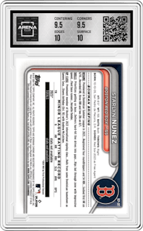 Starlyn Nunez from the 2024 Bowman Chrome Sapphire set featuring a Red parallel and given an overall grade of 10.