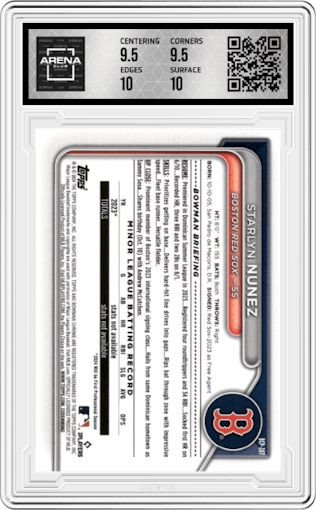 Starlyn Nunez from the 2024 Bowman Chrome Sapphire set featuring a Red parallel graded by Arena Club and given an overall grade of 10.