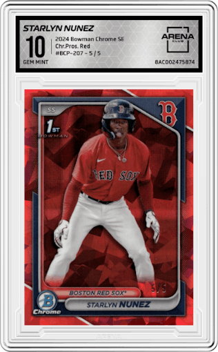 Starlyn Nunez from the 2024 Bowman Chrome Sapphire set featuring a Red parallel graded by Arena Club and given an overall grade of 10.