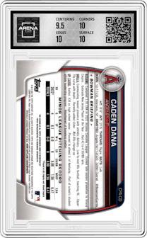 Caden Dana from the 2023 Bowman  set featuring a Green Refractor parallel graded by Arena Club and given an overall grade of 10.