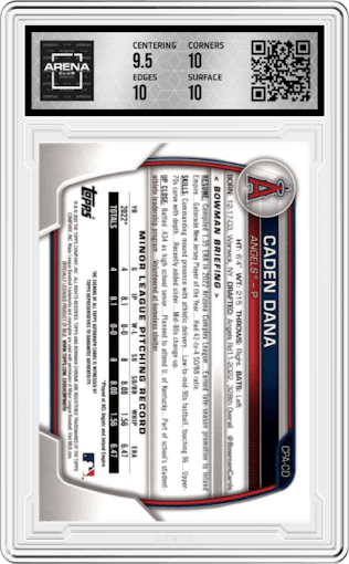 Caden Dana from the 2023 Bowman  set featuring a Green Refractor parallel graded by Arena Club and given an overall grade of 10.