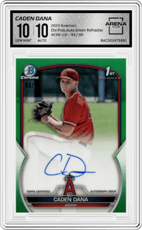Caden Dana from the 2023 Bowman  set featuring a Green Refractor parallel graded by Arena Club and given an overall grade of 10.