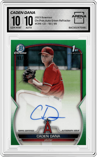 Caden Dana from the 2023 Bowman  set featuring a Green Refractor parallel graded by Arena Club and given an overall grade of 10.