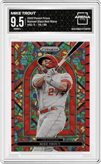 Mike Trout from the 2022 Panini Prizm set featuring a Red Wave parallel graded by Arena Club and given an overall grade of 9.5.