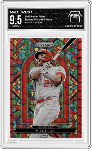 Mike Trout from the 2022 Panini Prizm set featuring a Red Wave parallel graded by Arena Club and given an overall grade of 9.5.