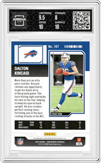 Dalton Kincaid from the 2023 Panini Contenders set featuring a Conference Ticket parallel graded by Arena Club and given an overall grade of 8.5.