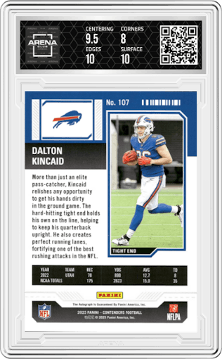 Dalton Kincaid from the 2023 Panini Contenders set featuring a Conference Ticket parallel graded by Arena Club and given an overall grade of 8.5.
