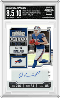Dalton Kincaid from the 2023 Panini Contenders set featuring a Conference Ticket parallel graded by Arena Club and given an overall grade of 8.5.