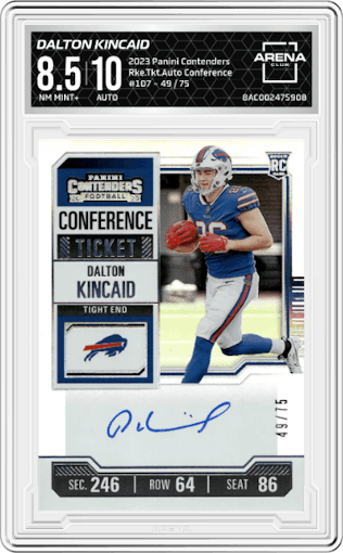 Dalton Kincaid from the 2023 Panini Contenders set featuring a Conference Ticket parallel graded by Arena Club and given an overall grade of 8.5.