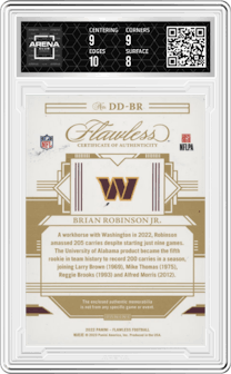 Brian Robinson Jr. from the 2022 Panini Flawless set graded by Arena Club and given an overall grade of 8.5.