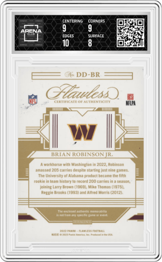 Brian Robinson Jr. from the 2022 Panini Flawless set graded by Arena Club and given an overall grade of 8.5.