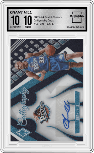 Grant Hill from the 2023-24 Panini Phoenix set featuring a FOTL Onyx parallel graded by Arena Club and given an overall grade of 10.