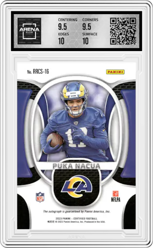 Puka Nacua from the 2023 Panini Certified set featuring a Red Mirror parallel graded by Arena Club and given an overall grade of 10.