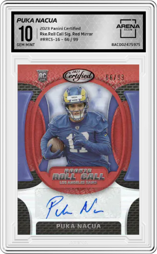 Puka Nacua from the 2023 Panini Certified set featuring a Red Mirror parallel graded by Arena Club and given an overall grade of 10.
