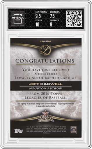 Jeff Bagwell from the 2016 Topps Legacies set graded by Arena Club and given an overall grade of 8.