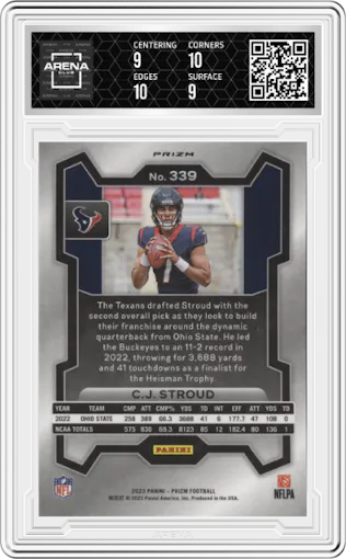 C.J. Stroud from the 2023 Panini Prizm set featuring a Silver Prizm parallel graded by Arena Club and given an overall grade of 9.5.