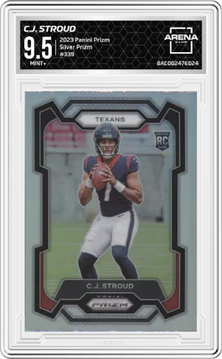C.J. Stroud from the 2023 Panini Prizm set featuring a Silver Prizm parallel graded by Arena Club and given an overall grade of 9.5.