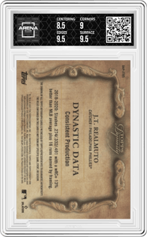 J.T. Realmuto  from the 2021 Topps Dynasty set graded by Arena Club and given an overall grade of 9.