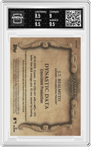 J.T. Realmuto  from the 2021 Topps Dynasty set graded by Arena Club and given an overall grade of 9.