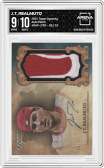 J.T. Realmuto  from the 2021 Topps Dynasty set graded by Arena Club and given an overall grade of 9.