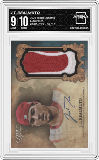 J.T. Realmuto  from the 2021 Topps Dynasty set graded by Arena Club and given an overall grade of 9.