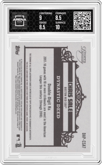 Chris Sale from the 2019 Topps Dynasty set graded by Arena Club and given an overall grade of 9.