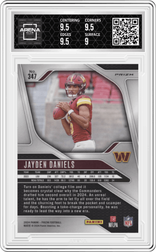 Jayden Daniels from the 2024 Panini Prizm set featuring a Silver Prizm parallel graded by Arena Club and given an overall grade of 9.5.