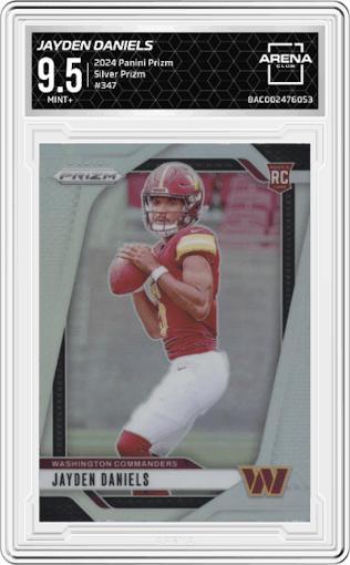 Jayden Daniels from the 2024 Panini Prizm set featuring a Silver Prizm parallel graded by Arena Club and given an overall grade of 9.5.