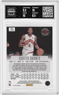 Scottie Barnes from the 2023-24 Panini Prizm Deca set featuring a Black Gold Prizm  parallel graded by Arena Club and given an overall grade of 9.