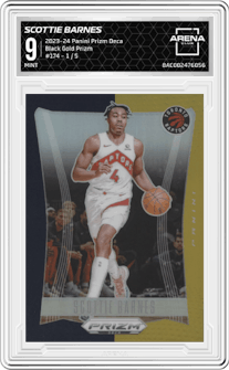 Scottie Barnes from the 2023-24 Panini Prizm Deca set featuring a Black Gold Prizm  parallel graded by Arena Club and given an overall grade of 9.