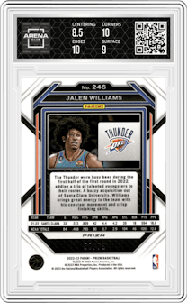 Jalen Williams from the 2022-23 Panini Prizm  set featuring a Fast Break Purple parallel and given an overall grade of 9.