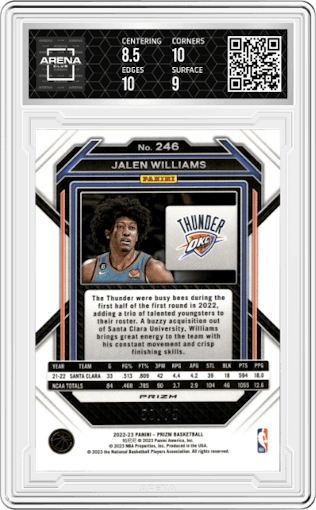 Jalen Williams from the 2022-23 Panini Prizm  set featuring a Fast Break Purple parallel graded by Arena Club and given an overall grade of 9.