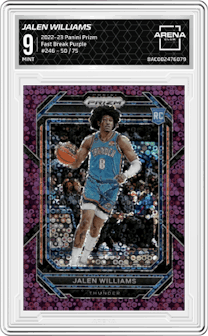 Jalen Williams from the 2022-23 Panini Prizm  set featuring a Fast Break Purple parallel and given an overall grade of 9.