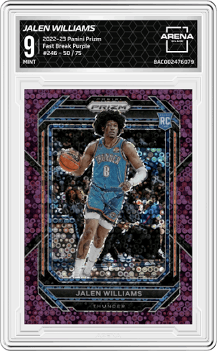 Jalen Williams from the 2022-23 Panini Prizm  set featuring a Fast Break Purple parallel graded by Arena Club and given an overall grade of 9.