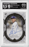 Yoshinobu Yamamoto from the 2024 Topps Transcendent Collection set graded by Arena Club and given an overall grade of 9.5.