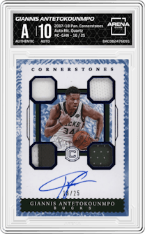 Giannis Antetokounmpo from the 2017-18 Panini Cornerstones set featuring a Quartz parallel graded by Arena Club.