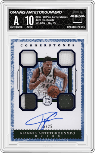 Giannis Antetokounmpo from the 2017-18 Panini Cornerstones set featuring a Quartz parallel graded by Arena Club.