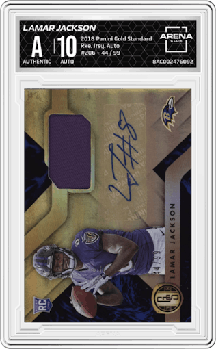 Lamar Jackson from the 2018 Panini Gold Standard set graded by Arena Club.