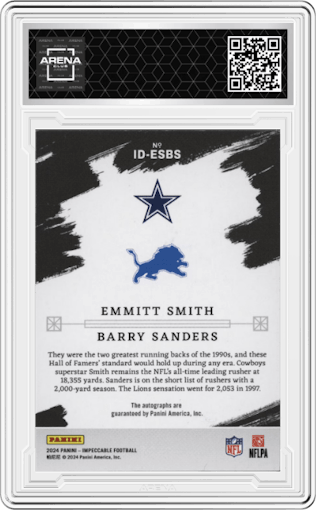 Emmitt Smith/Barry Sanders from the 2024 Panini Impeccable set graded by Arena Club.