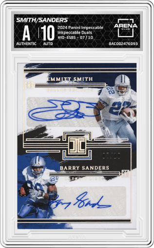 Emmitt Smith/Barry Sanders from the 2024 Panini Impeccable set graded by Arena Club.