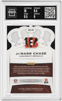Ja'Marr Chase from the 2021 Panini Chronicles set featuring a Red parallel graded by Arena Club and given an overall grade of 9.5.