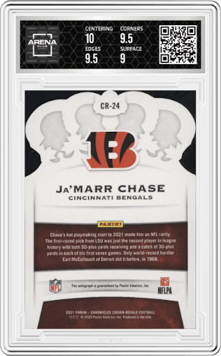 Ja'Marr Chase from the 2021 Panini Chronicles set featuring a Red parallel graded by Arena Club and given an overall grade of 9.5.