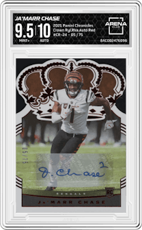 Ja'Marr Chase from the 2021 Panini Chronicles set featuring a Red parallel graded by Arena Club and given an overall grade of 9.5.
