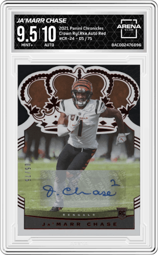 Ja'Marr Chase from the 2021 Panini Chronicles set featuring a Red parallel graded by Arena Club and given an overall grade of 9.5.
