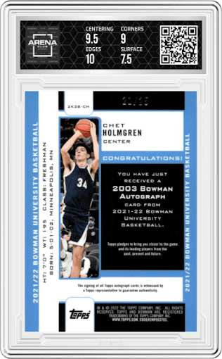 Chet Holmgren from the 2021-22 Bowman University set featuring a Orange Refractor parallel graded by Arena Club and given an overall grade of 8.