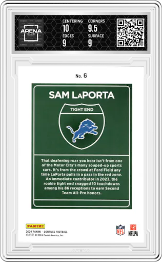 Sam LaPorta from the 2024 Donruss set graded by Arena Club and given an overall grade of 9.5.