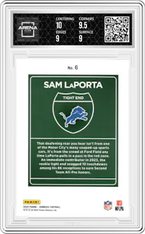 Sam LaPorta from the 2024 Donruss set graded by Arena Club and given an overall grade of 9.5.