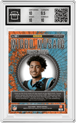 Bryce Young from the 2023 Panini Mosaic set graded by Arena Club and given an overall grade of 10.