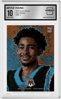 Bryce Young from the 2023 Panini Mosaic set graded by Arena Club and given an overall grade of 10.